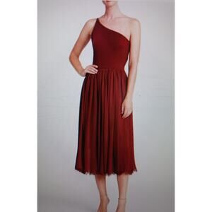 DRESS THE POPULATION ASYMMETRICAL BURGUNDY MIDI DRESS , size S